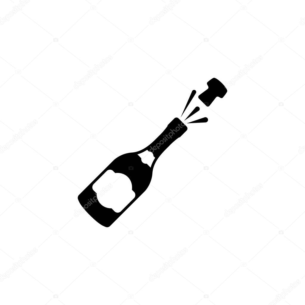 Opened Champagne Bottle, Cork Explosion. Flat Vector Icon illustration. Simple black symbol on white background. Opened Champagne Bottle, Explosion sign design template for web and mobile UI element