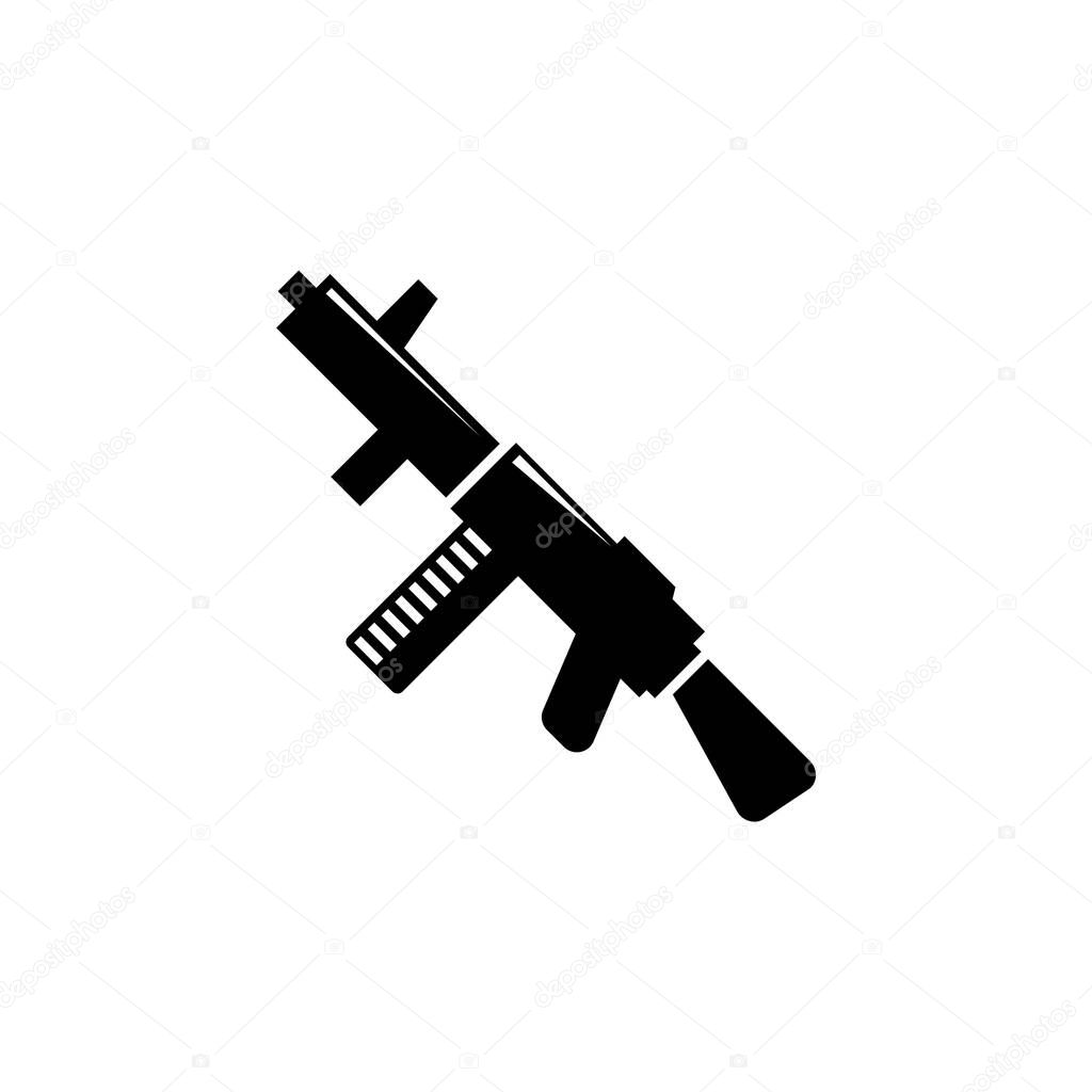 Submachine Gun, Police and Army Weapon. Flat Vector Icon illustration. Simple black symbol on white background. Submachine Gun, Police Army Weapon sign design template for web and mobile UI element