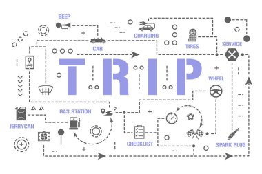 Trip kelime sancak kavramları. Yolculuk için araba hazırlığı. Servis aracı otomatik bilgi grafikleri. Sunum, web sitesi. UI UX fikri. İşaret simgeleriyle izole edilmiş tipografi. Vektör düz resimleme
