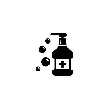 El dezenfektanı, antibakteriyel sıvı dezenfektanı. Düz Vektör Simgesi illüstrasyonu. Beyaz arka planda basit bir siyah sembol. El dezenfektanının ağ ve mobil UI elementi için tasarım şablonu