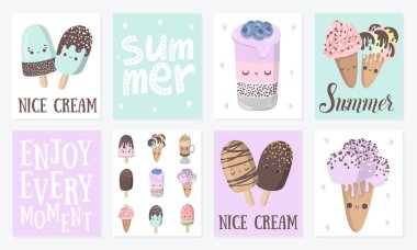 Yaz vektör karikatür komik dondurmalar karakter çizim duygu ile ile kart dizisini