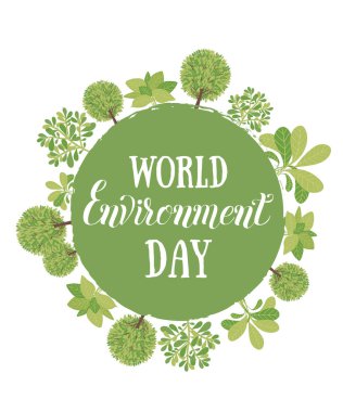 Dünya Çevre günü. Kelime, ahşap tabela ve yeşil yaprakları ile vektör çizim. Eko ekoloji kavramı.