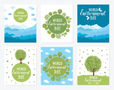 Dünya Çevre günü. Kelime, ahşap tabela ve yeşil yaprakları ile vektör çizim. Eko ekoloji kavramı. Poster seti