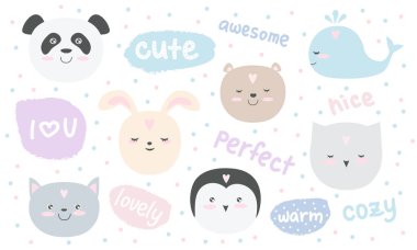 Sevimli hayvanlar etiketlileri vektör kümesi. Arka planda, pastel renkler izole çok güzel nesneler. Sevgililer günü, yıldönümü, tarih, bebek duş, Gelin, birthda Kaydet