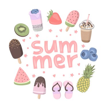 Vektör çizgi film poster komik yaz şeyler çizimler - dondurma, meyve, palm, balina, terlik