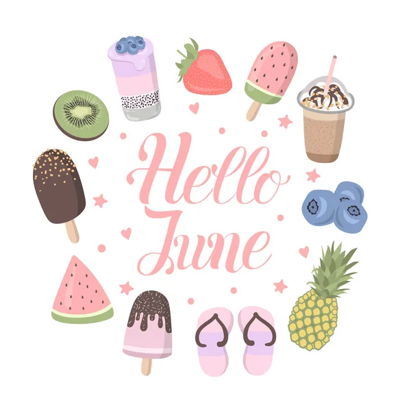 矢量卡通海报与有趣的夏天的东西插图 冰淇淋 你好琼 — 图库矢量图片