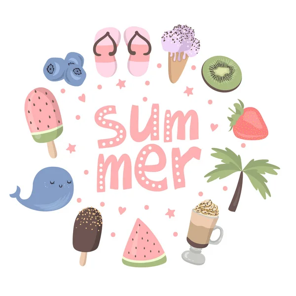 矢量卡通海报与有趣的夏天的东西插图 冰淇淋 — 图库矢量图片