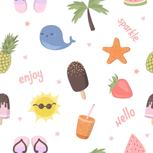 Vector cartoon seamless pattern with funny summer things illustrations- ice cream, fruit, palm, whale, slippers, sun, whale