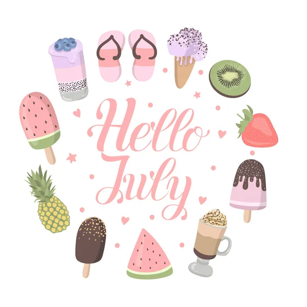 矢量卡通海报与有趣的夏天的东西插图 冰淇淋 你好7月 — 图库矢量图片