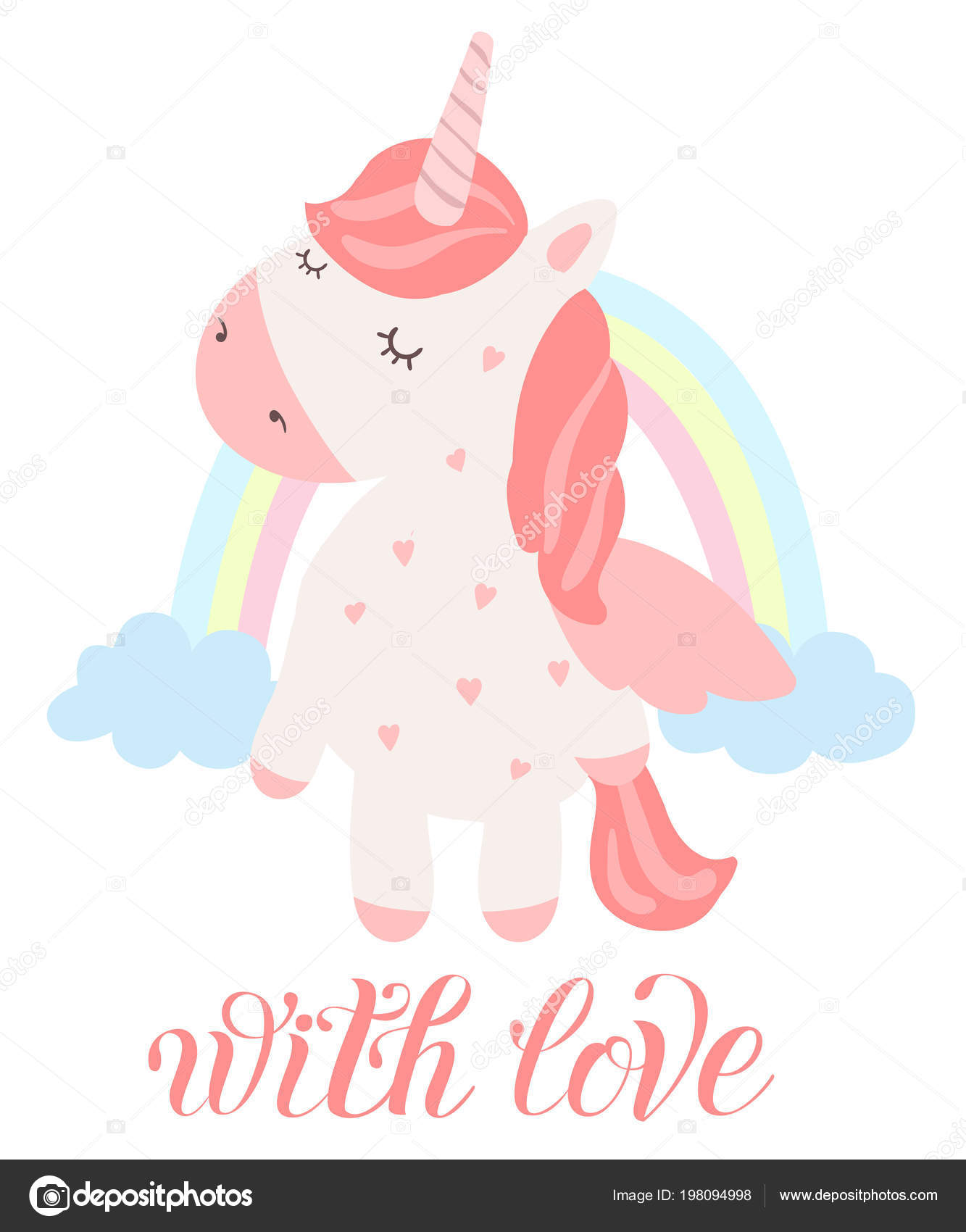 Poster With Adorable Magic Animal On Background, Pastel Colors Valentines Poster With Adorable Magic Animal On Background, Pastel Colors Valentines