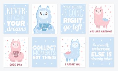 Vektör tebrik kartları ile şirin llamas. Poster çok güzel nesneler üzerinde arka plan, pastel renkler ile. Sevgililer günü, yıldönümü, tarih, bebek duş, Gelin, birthda Kaydet