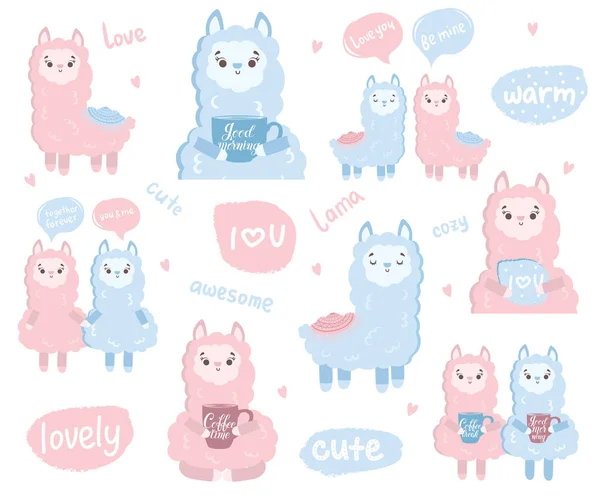 Vector Conjunto Pegatinas Con Llamas Lindas Colección Con Animales Adorables — Archivo Imágenes Vectoriales