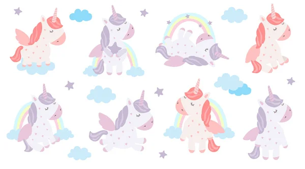 Set Vettoriale Simpatici Unicorni Adorabile Animale Magico Sfondo Colori Pastello — Vettoriale Stock