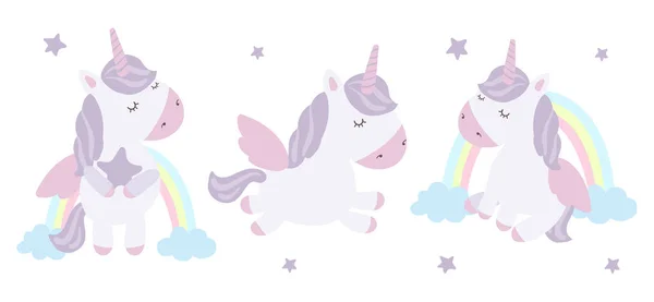 Conjunto Vectorial Lindos Unicornios Adorable Animal Mágico Sobre Fondo Colores — Archivo Imágenes Vectoriales