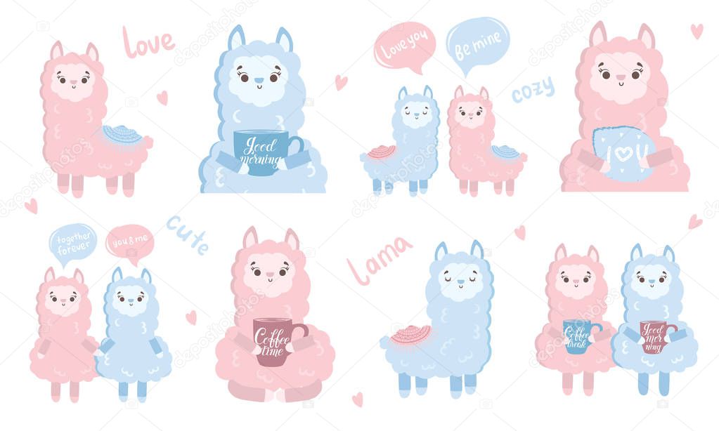 Vector set of stickers with cute llamas. Collection with adorable animals on background, pastel colors. Valentine's day, anniversary, save the date, baby shower, bridal, birthda