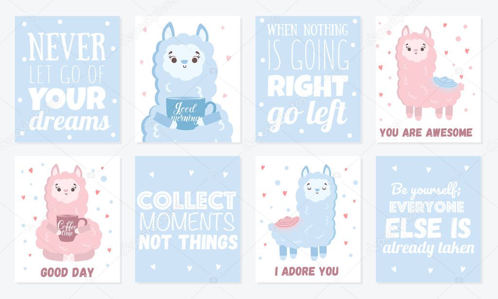 Vector greeting cards with cute llamas. Poster with adorable objects on background, pastel colors. Valentine's day, anniversary, save the date, baby shower, bridal, birthda