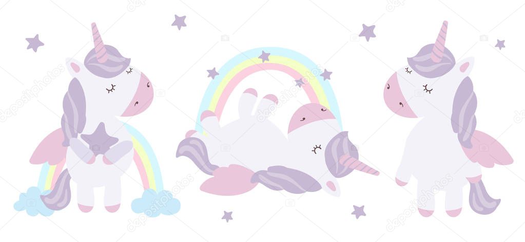 Vector set of cute unicorns. Adorable magic animal on background, pastel colors. Valentine's day, anniversary, save the date, baby shower, bridal, birthda