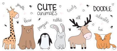 Vektör karikatür kroki çizim şirin doodle hayvanlarla. Kartpostal, Sevgililer günü, Doğum, bebek kitap, çocuk odası için mükemmel. Zürafa, ayı, Penguen, tavşan, tilki, geyik