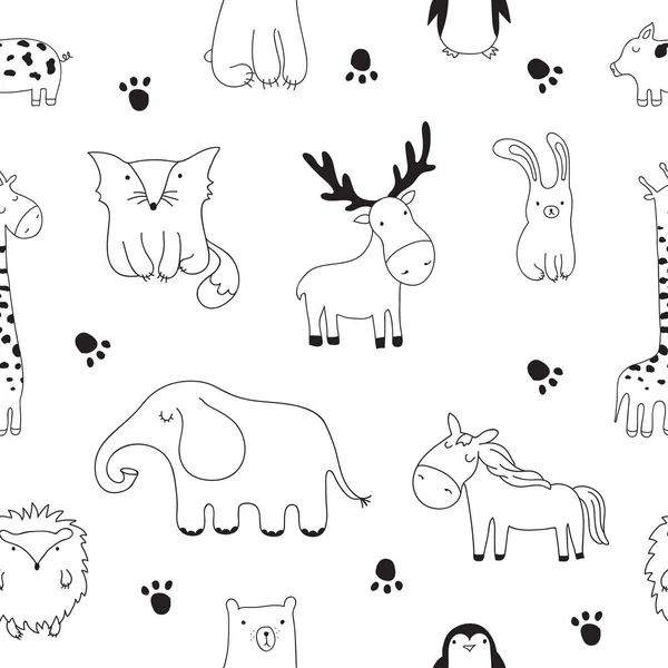 Patrón Sin Costura Vectorial Ilustración Dibujos Animados Con Animales Garabatos — Archivo Imágenes Vectoriales
