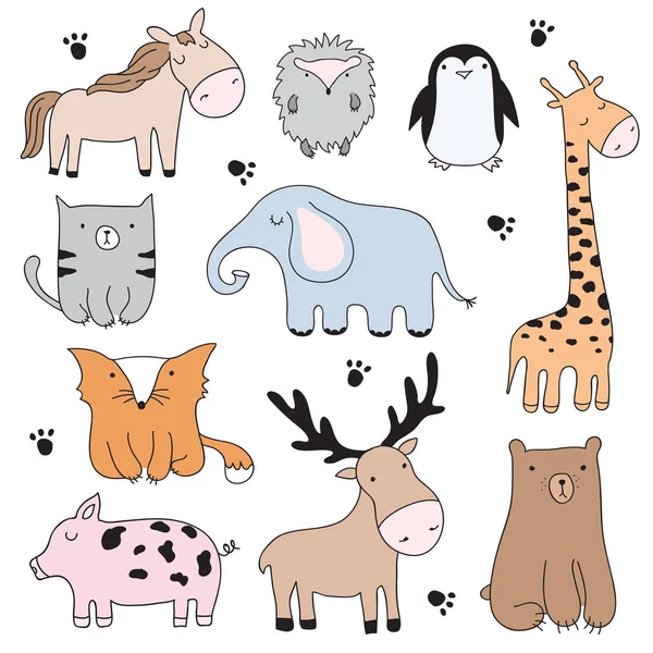Ilustración Dibujos Animados Vectoriales Con Animales Garabatos Lindos Conjunto Perfecto — Archivo Imágenes Vectoriales