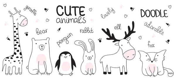 Καρτούν Εικονογράφηση Φορέα Σκίτσο Doodle Χαριτωμένα Ζώα Ιδανικό Για Καρτ — Διανυσματικό Αρχείο