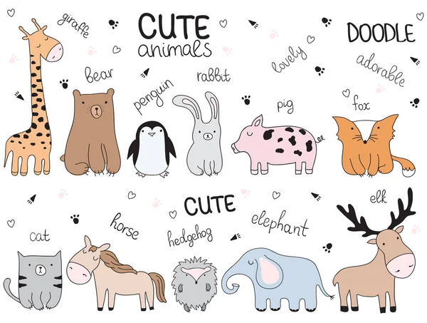 Vector Cartoon Sketch Illustration Cute Doodle Animals Perfect Postcard Valentine — Stock Vector