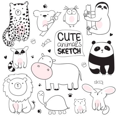 Vektör karikatür kroki çizim şirin doodle hayvanlarla kümesi. Kartpostal, Doğum, bebek kitap, çocuk odası için mükemmel. Panda, koala, tembellik, leopar, su aygırı, rakun, baykuş, kaplumbağa, aslan