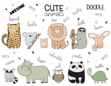 Vektör karikatür kroki çizim şirin doodle hayvanlarla kümesi. Kartpostal, Doğum, bebek kitap, çocuk odası için mükemmel. Panda, koala, tembellik, leopar, su aygırı, rakun, baykuş, kaplumbağa, aslan