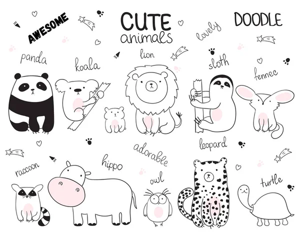 Set Cartoon Schets Vectorillustratie Met Schattige Doodle Dieren Perfect Voor — Stockvector