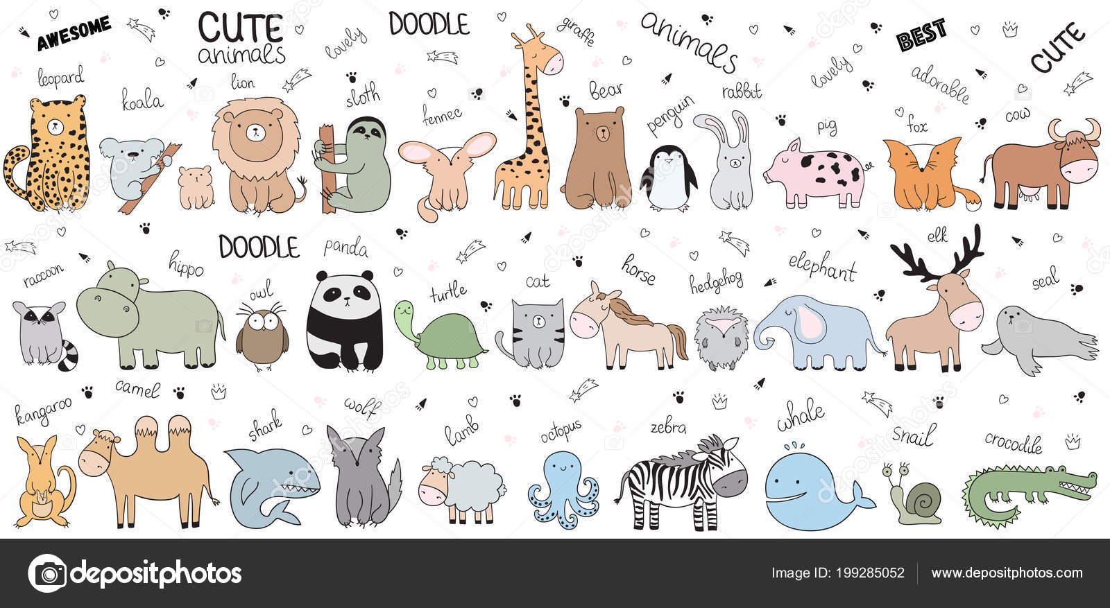Conjunto de ilustração de doodle de desenho animado de animais kawaii