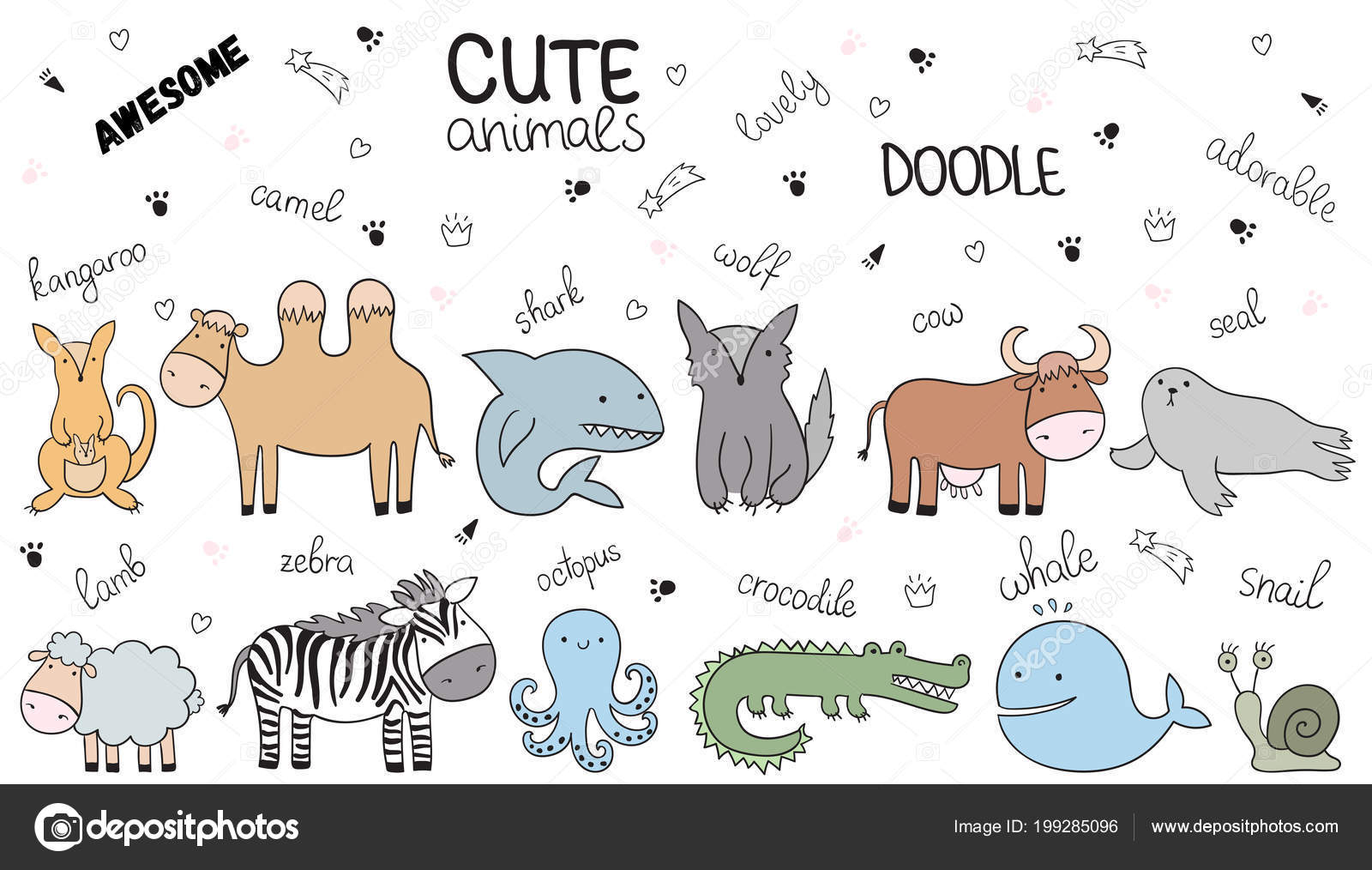 Conjunto de ilustração de doodle de desenho animado de animais kawaii