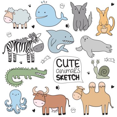 Vektör karikatür kroki çizim şirin doodle hayvanlarla. Kartpostal, Doğum, bebek kitap, çocuk odası için mükemmel. Kuzu, timsah, zebra, deve, ahtapot, balina, köpekbalığı, kurt, inek, salyangoz