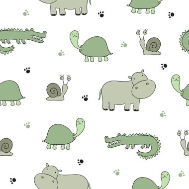 Şirin doodle hayvanlarla sorunsuz vektör desen. Kartpostal, Doğum, bebek kitap, çocuk odası için mükemmel. Timsah, salyangoz, su aygırı, kaplumbağa