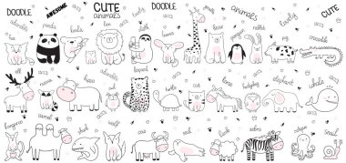 Vektör karikatür büyük şirin doodle hayvanların ayarlayın. Kartpostal, Doğum, bebek kitap, çocuk odası için mükemmel. Kuzu, timsah, zebra, deve, ahtapot, balina, köpekbalığı, kurt, inek, salyangoz