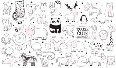 Vektör karikatür büyük şirin doodle hayvanların ayarlayın. Kartpostal, Doğum, bebek kitap, çocuk odası için mükemmel. Kuzu, timsah, zebra, deve, ahtapot, balina, köpekbalığı, kurt, panda, geyik, fil, vb.