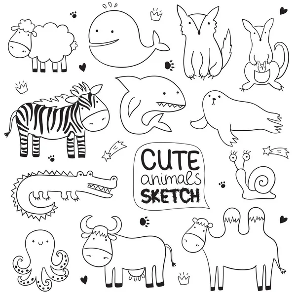 Vektorové Ilustrace Skica Kreslený Roztomilý Doodle Zvířaty Ideální Pro Pohlednice — Stockový vektor