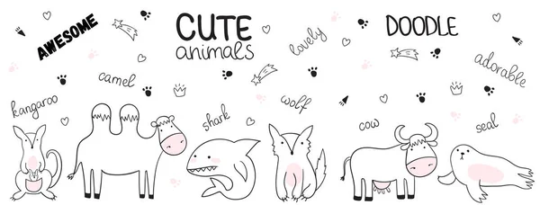 Vector Cartoon Sketch Illustration Cute Doodle Animals Perfect Postcard Birthday — Stock Vector