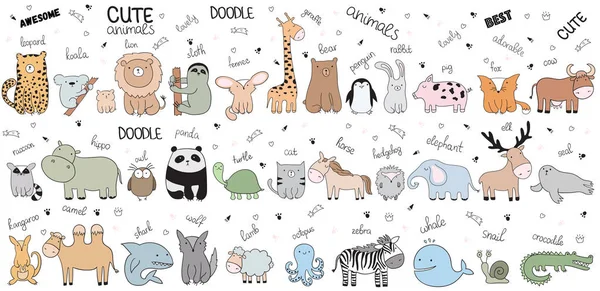 Desenhos Animados Vetoriais Grande Conjunto Animais Doodle Bonito Perfeito Para —  Vetores de Stock