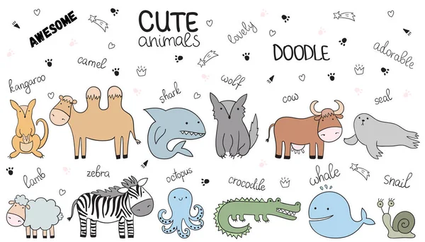 Καρτούν Εικονογράφηση Φορέα Σκίτσο Doodle Χαριτωμένα Ζώα Ιδανικό Για Γενέθλια — Διανυσματικό Αρχείο