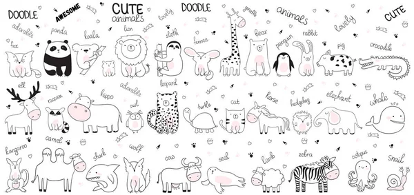 Vector Cartoon Big Set Cute Doodle Animals Perfect Postcard Birthday — Stock Vector