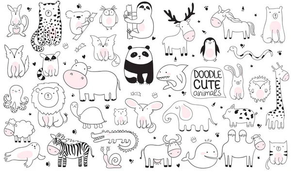 Vektor Rajzfilm Nagy Készlet Aranyos Doodle Állatok Képeslap Születésnap Kiskönyve — Stock Vector
