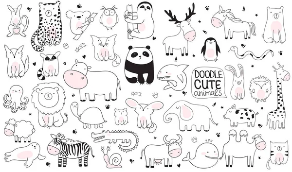 Desenhos Animados Vetoriais Grande Conjunto Animais Doodle Bonito Perfeito Para —  Vetores de Stock