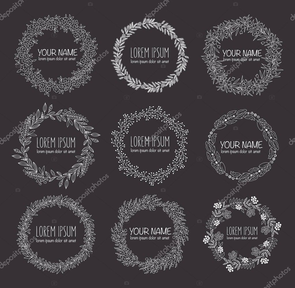 Vector collection of hand drawn logo templates. Wedding, family, children photographer logotypes. Vintage badges wreath. Hand sketched modern icons, labels.