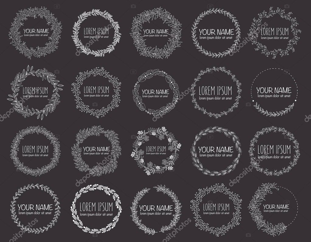 Vector collection of hand drawn logo templates. Wedding, family, children photographer logotypes. Vintage badges wreath. Hand sketched modern icons, labels.