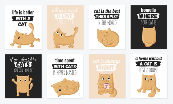 Conjunto Cartas Dibujos Animados Vectoriales Con Gatos Lindos Frases Divertidas — Vector de stock