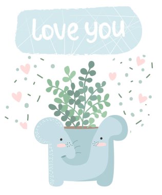 Ev bitkisi komik fil tencerede ile şirin posterler vektör kümesi. Poster çok güzel nesneler üzerinde arka plan, pastel renkler ile. Sevgililer günü, yıldönümü, tarih, bebek duş, Gelin, birthda Kaydet