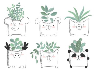 Ev bitkisi komik hayvan tencerede ile şirin posterler vektör kümesi. Poster çok güzel nesneler üzerinde arka plan, pastel renkler ile. Sevgililer günü, yıldönümü, tarih, bebek duş, Gelin, birthda Kaydet