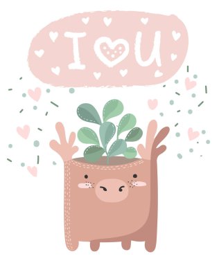 Ev bitkisi komik geyik tencerede ile şirin posterler vektör kümesi. Poster çok güzel nesneler üzerinde arka plan, pastel renkler ile. Sevgililer günü, yıldönümü, tarih, bebek duş, Gelin, birthda Kaydet