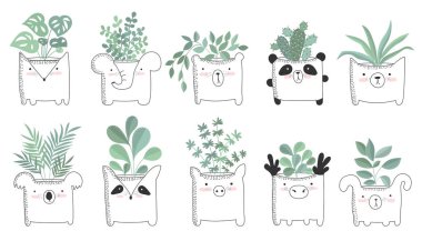 Ev bitkisi komik hayvan tencerede ile şirin posterler vektör kümesi. Poster çok güzel nesneler üzerinde arka plan, pastel renkler ile. Sevgililer günü, yıldönümü, tarih, bebek duş, Gelin, birthda Kaydet