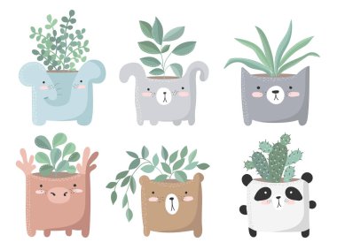 Vektör şirin karanfiller komik hayvan tencere büyük kümesi. Poster çok güzel nesneler üzerinde arka plan, pastel renkler ile. Sevgililer günü, yıldönümü, tarih, bebek duş, Gelin, birthda Kaydet